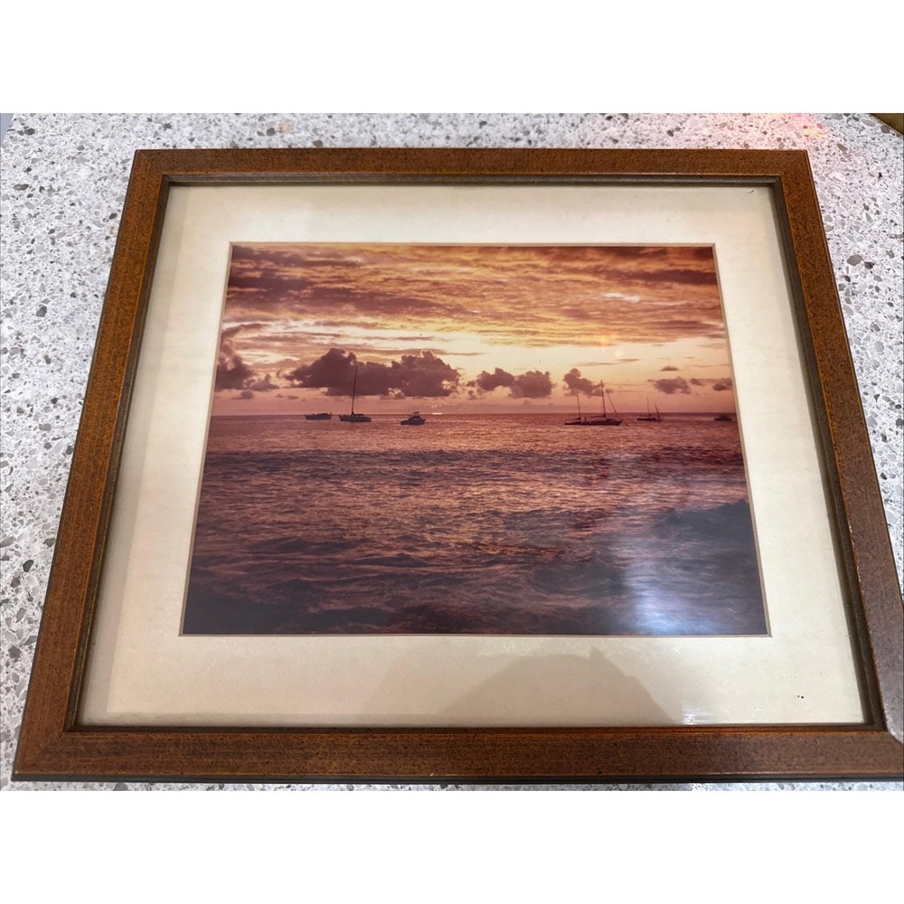 Vintage Wood Framed Sunset Photo 13.5" X 11.5" Professionally Framed
